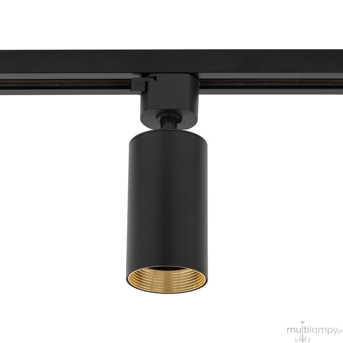 Reflektor spot Tracer Amis 1xGU10 w kolorze czarnym, cylindryczny kształt z matowej powierzchni, zamocowany na szynie. Widoczny gwint w złotym kolorze wewnątrz. Ujęcie z boku, podkreślające jego minimalistyczny design.
