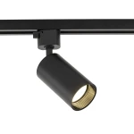 Reflektor spot Tracer Amis 1xGU10 w kolorze czarnym, montowany na szynie. Cylindryczny kształt z widocznym gwintem wewnętrznym. Ujęcie z boku, pod kątem, eksponujące źródło światła. Idealny do oświetlenia wnętrz.
