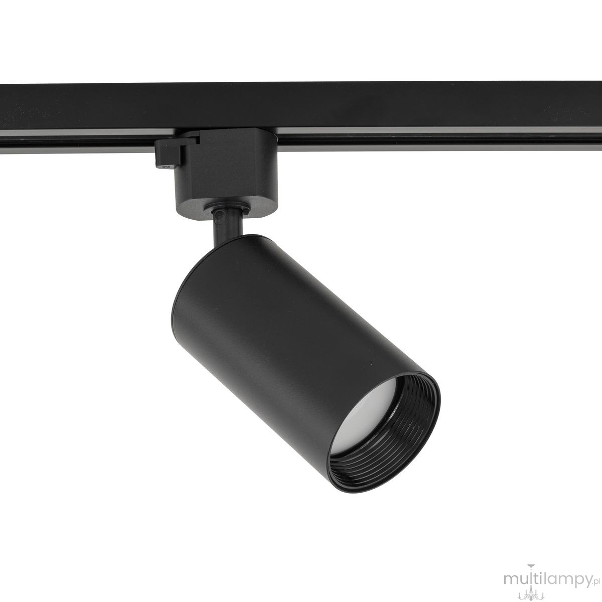 Reflektor spot Tracer Amis 1xGU10 w kolorze czarnym, zamontowany na szynie. Cylindryczny kształt, matowa powierzchnia, z widoczną oprawą na żarówkę. Ujęcie z boku, pokazujące szczegóły konstrukcji.