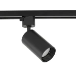Reflektor spot Tracer Amis 1xGU10 w kolorze czarnym, zamontowany na szynie. Cylindryczny kształt, matowa powierzchnia, z widoczną oprawą na żarówkę. Ujęcie z boku, pokazujące szczegóły konstrukcji.