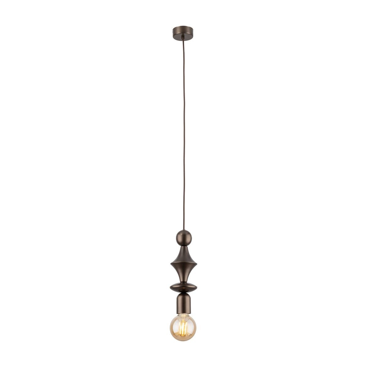 Lampa wisząca Tower w kolorze brązowym, z jednym gniazdem E27. Ma smukły kształt z dekoracyjnymi elementami oraz przezroczystą żarówką. Zawieszona na cienkim kablu, montowana do sufitu. Tło jednolite, podkreślające elegancki design.