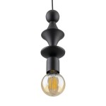 Lampa wisząca Tower w kolorze czarnym z pojedynczym gniazdem E27. Kształt konstrukcji składa się z trzech zaokrąglonych elementów, zakończona przezroczystą żarówką z widocznymi włóknami. Produkt zawieszony na długim kablu.