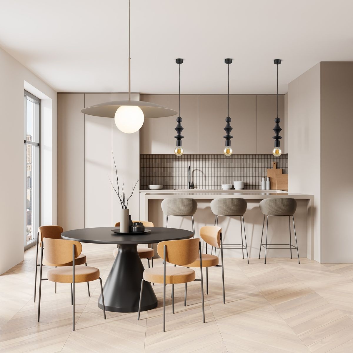 Lampa wisząca Tower 1xE27 w kolorze czarnym, z okrągłym kloszem i metalowym talerzem, zawieszona nad okrągłym stołem w nowoczesnej kuchni. W tle widoczne inne lampy oraz meble w stonowanych kolorach.