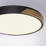 Lampa sufitowa Q-bila LED 35W CCT w kolorze czarnym z drewnianymi akcentami. Okrągła, z matowym kloszem, zamontowana na suficie. Widoczny pilot do zdalnego sterowania. Gładka powierzchnia i elegancka forma.