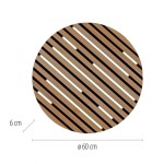 Lampa sufitowa Q-akustik LED 28W CCT, okrągła, o średnicy 60 cm i wysokości 6 cm, z czarnym, drewnianym wykończeniem oraz wzorem wzdłużnych linii. Zdalne sterowanie pilotem.