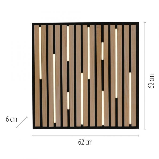 Lampa sufitowa Q-akustik LED 27W CCT w kolorze czarnym z drewnianymi elementami. Kwadratowa konstrukcja o wymiarach 62x62 cm i wysokości 6 cm, z poziomymi listwami drewna i wbudowanym oświetleniem LED.