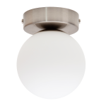 Lampa sufitowa Hotel Mood A z jednym gniazdem G9, wykonana z matowego białego szkła i niklowanej metalowej podstawy. Owalny kształt oraz minimalistyczny design, montowana do sufitu.