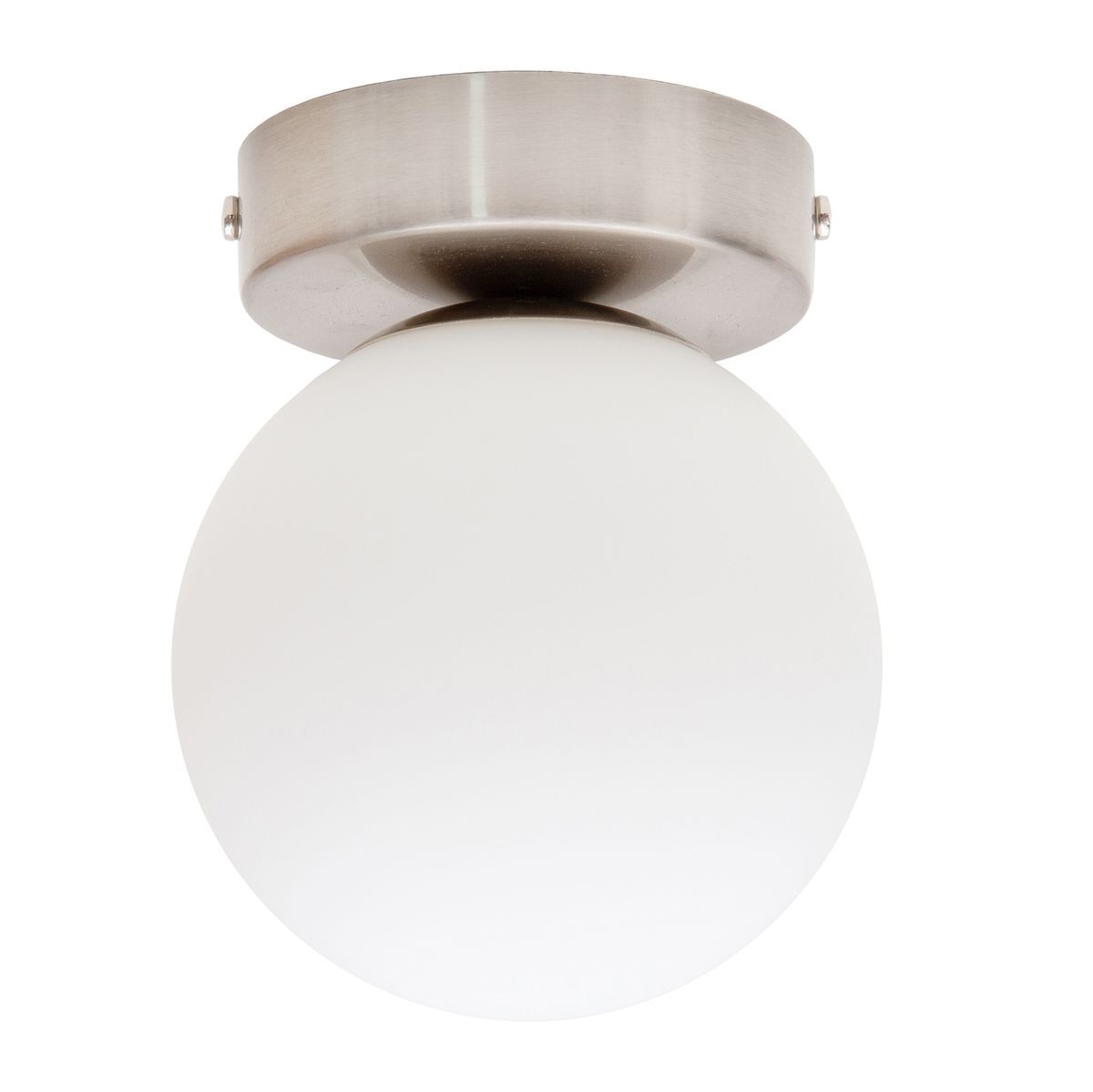 Lampa sufitowa Hotel Mood A w kolorze niklowym z białym, okrągłym kloszem. Montaż na suficie, widoczna jedna oprawa na żarówkę G9. Prosty design, idealna do nowoczesnych wnętrz, na białym tle.