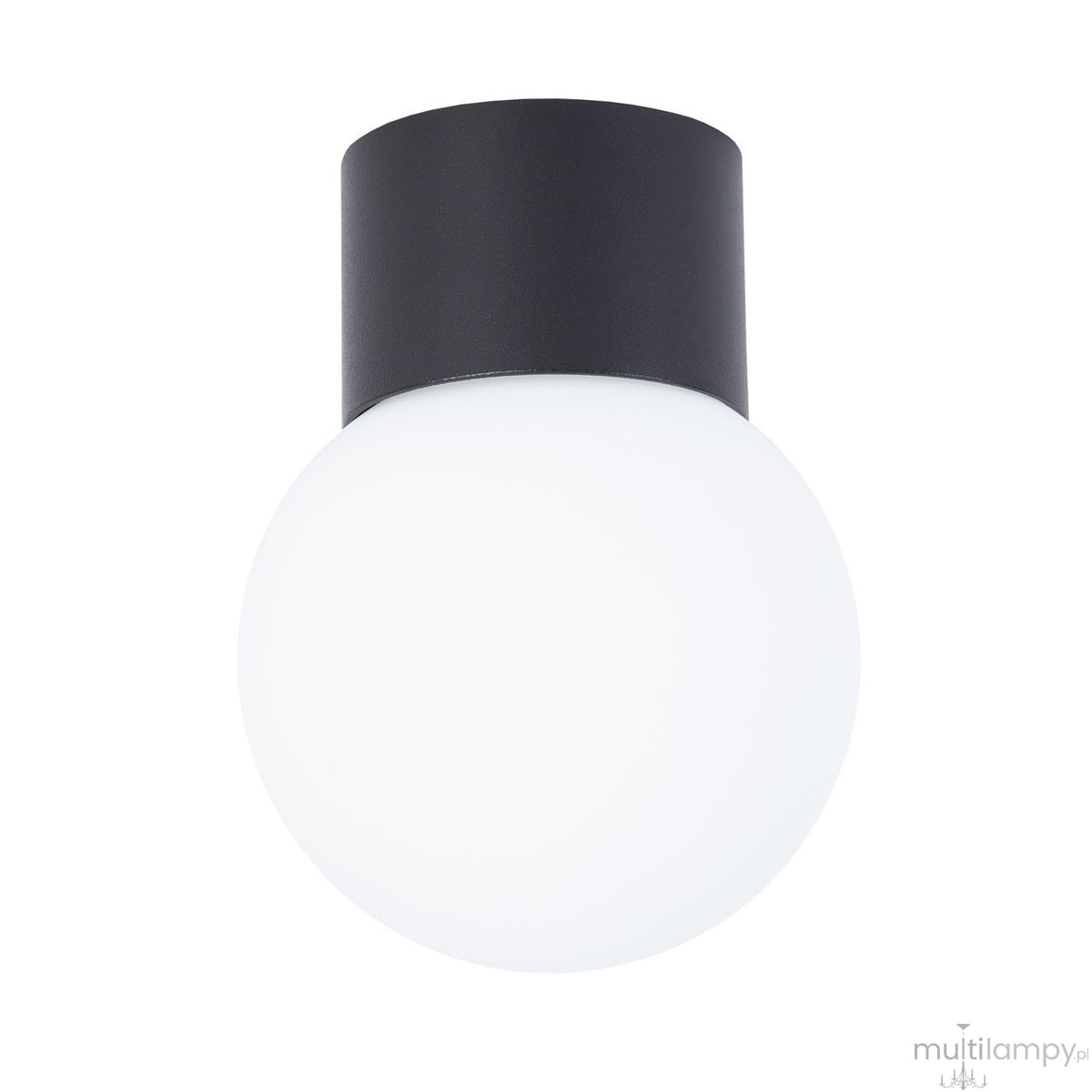 Lampa sufitowa Hotel Mood B w kolorze czarnym z oprawą z matowego metalu i białym szklanym kloszem w kształcie kuli. Ujęcie z przodu, produkt zamontowany na suficie, przeznaczony do jednego źródła światła G9.