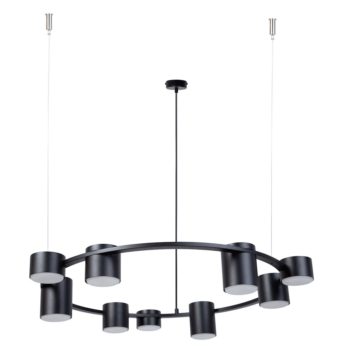 Czarna lampa wisząca Kodo z dziewięcioma oprawami GX53, o okrągłym kształcie. Elementy lampy zawieszone na cienkich linkach, z matowym wykończeniem i białymi kloszami. Idealna do nowoczesnych wnętrz.