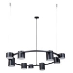 Czarna lampa wisząca Kodo z dziewięcioma oprawami GX53, o okrągłym kształcie. Elementy lampy zawieszone na cienkich linkach, z matowym wykończeniem i białymi kloszami. Idealna do nowoczesnych wnętrz.