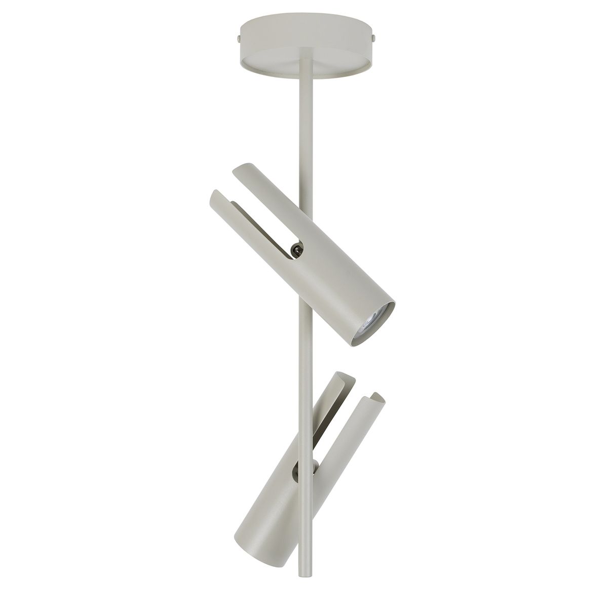 Lampa wisząca Leda w kolorze szaro-beżowym, wyposażona w dwa klosze GU10. Ujęcie z przodu, z podwieszeniem na okrągłym stropie. Klosze w formie cylindrów, skierowane w różnych kierunkach, z fakturą matową.
