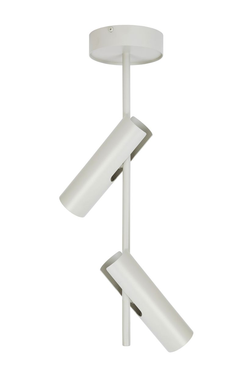 Lampa wisząca Leda z dwoma punktami świetlnymi GU10 w kolorze szarym beżowym. Ułożona w pionie, z cylindrycznymi kloszami, montowana do sufitu. Prosty design, idealna do nowoczesnych wnętrz.