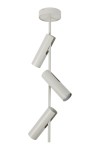 Leda lampa wisząca w kolorze szaro-beżowym z trzema cylindrycznymi źródłami światła GU10, zawieszona na prostym, smukłym stelażu. Ujęcie z boku ukazuje kąty i otwory w lampach, które umożliwiają kierunkowe oświetlenie.