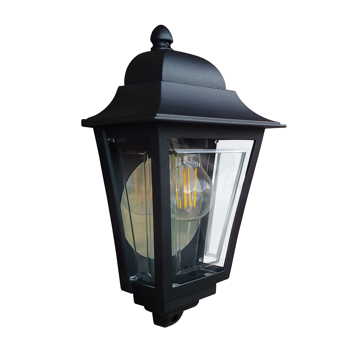 Kinkiet elewacyjny Deco Lane w kolorze czarnym, wykonany z metalu, o kształcie prostokątnym z zaokrąglonym dnem. Widoczna żarówka E27 w szklanym kloszu. Ujęcie z boku, pokazujące detale konstrukcji oraz dekoracyjny szczyt.