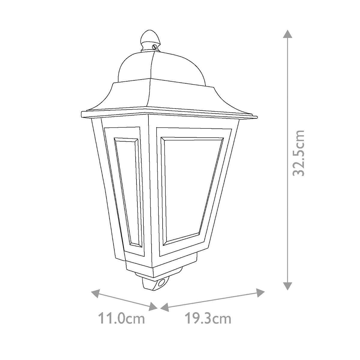 Kinkiet elewacyjny Deco Lane w kolorze czarnym, o wymiarach 32,5 cm wysokości, 19,3 cm szerokości i 11 cm głębokości. Posiada klasyczny kształt z dekoracyjnym daszkiem i prostymi panelami. Przeznaczony do montażu na ścianie, z miejscem na żarówkę E27.