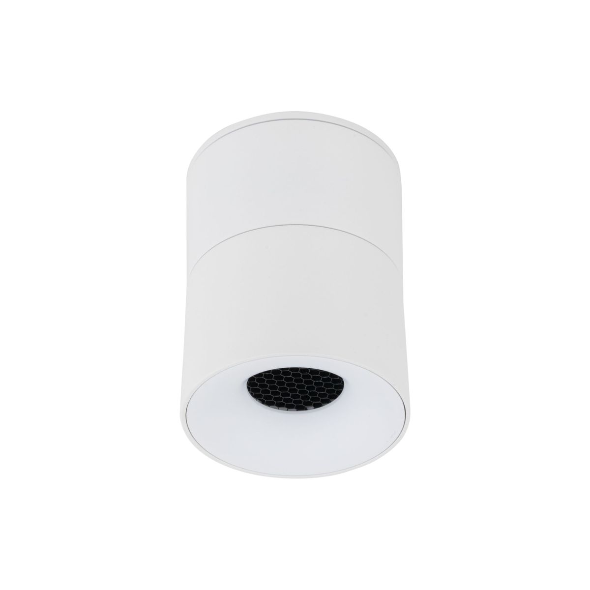 Lampa sufitowa Spot 1xLED 10W CCT w kolorze białym, o cylindrycznym kształcie. Widoczna soczewka z siatką w środku, montowana na suficie. Prosty design, idealna do nowoczesnych wnętrz.