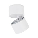 Lampa sufitowa Spark w kolorze białym, z metalowym kloszem o okrągłym kształcie. Ujęcie z boku, prezentujące ruchomy element. Zainstalowane źródło LED 10W CCT. Prosty design, idealna do nowoczesnych wnętrz.