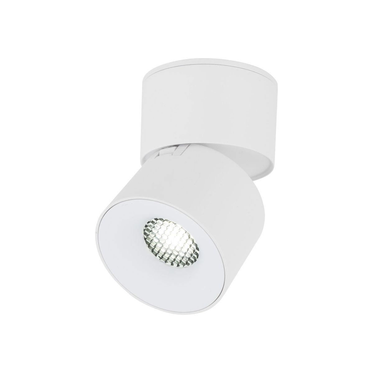 Lampa sufitowa Spark w kolorze białym, typu spot, z jednym źródłem światła LED 10W. Okrągła głowica z widoczną siatką reflektora, zamontowana na płaskim mocowaniu. Ujęcie z boku, ukazujące kąt nachylenia lampy.