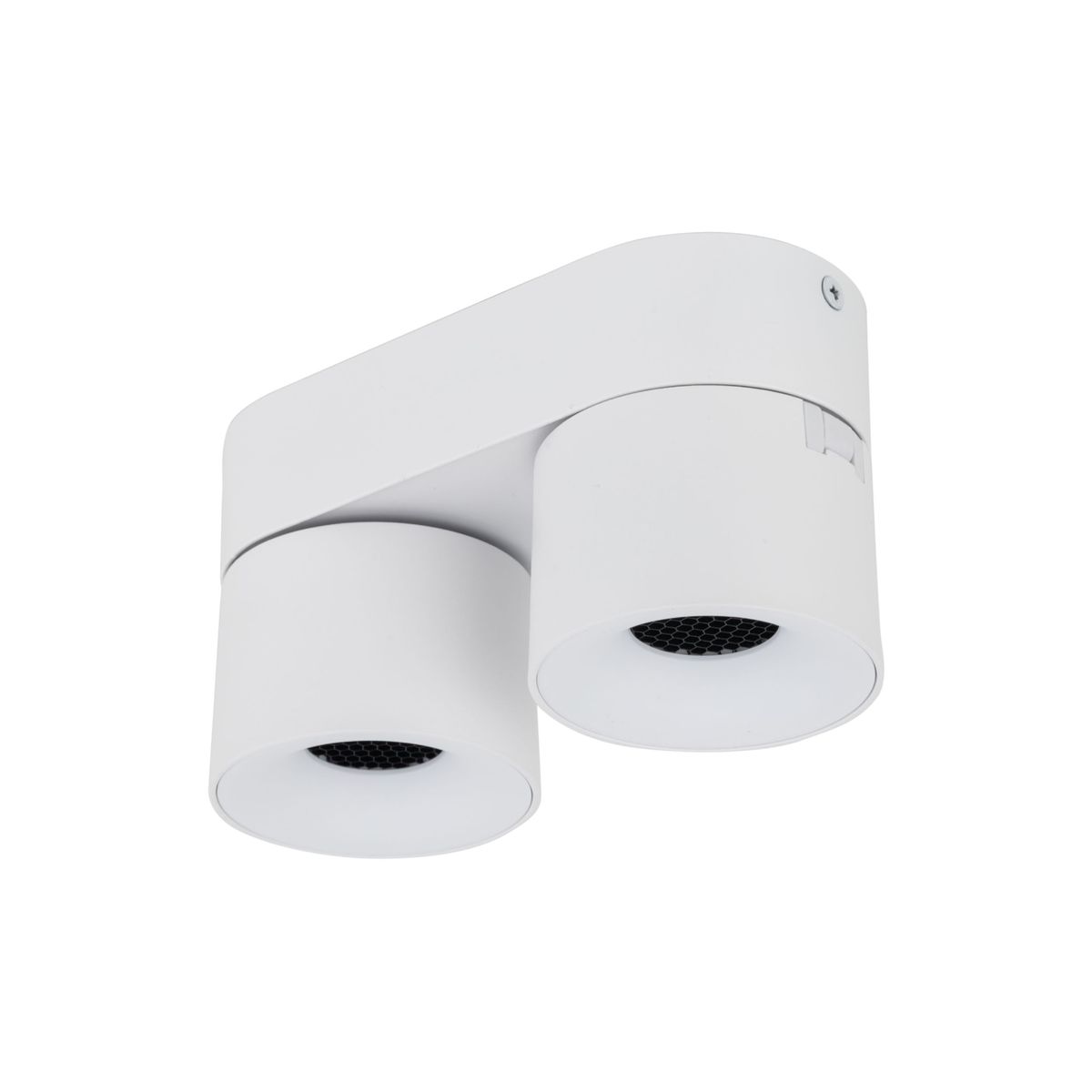 Lampa sufitowa Spark z dwoma reflektorami LED 20W w kolorze białym. Posiada zaokrąglone klosze z siatką wentylacyjną. Ujęcie z boku, produkt zamontowany na suficie, z eleganckim, minimalistycznym designem.