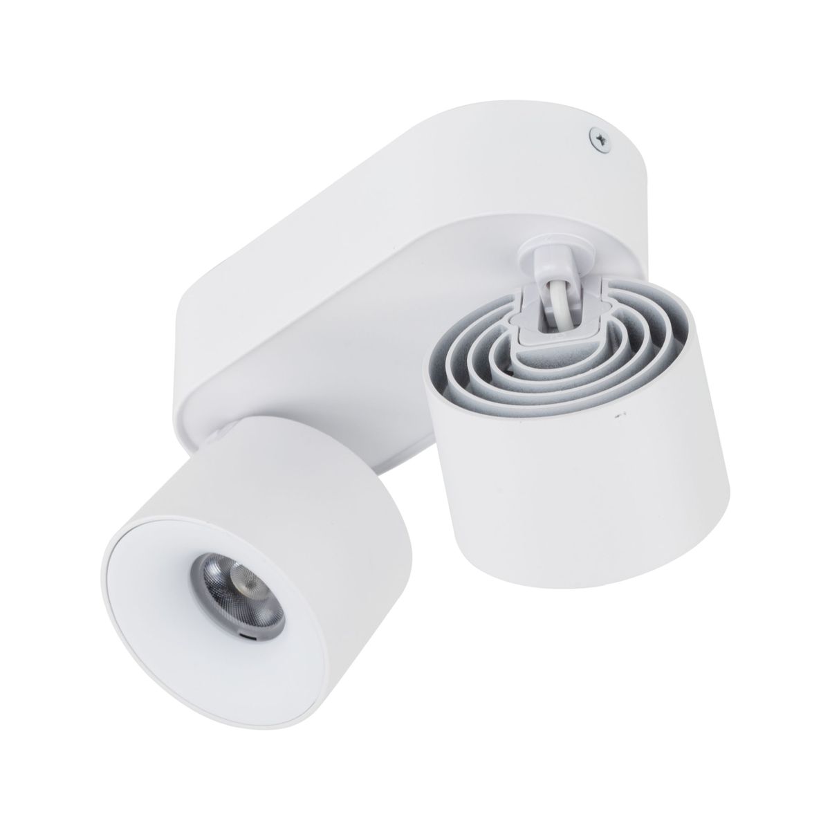 Lampa sufitowa Spark w kolorze białym z dwoma źródłami LED 20W. Posiada cylindryczne klosze z metalicznym wykończeniem, zamontowana na prostokątnej podstawie. Ujęcie z boku, pokazujące detal konstrukcji i kształt lampy.