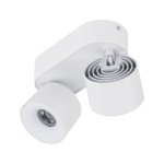 Lampa sufitowa Spark w kolorze białym z dwoma źródłami LED 20W. Posiada cylindryczne klosze z metalicznym wykończeniem, zamontowana na prostokątnej podstawie. Ujęcie z boku, pokazujące detal konstrukcji i kształt lampy.