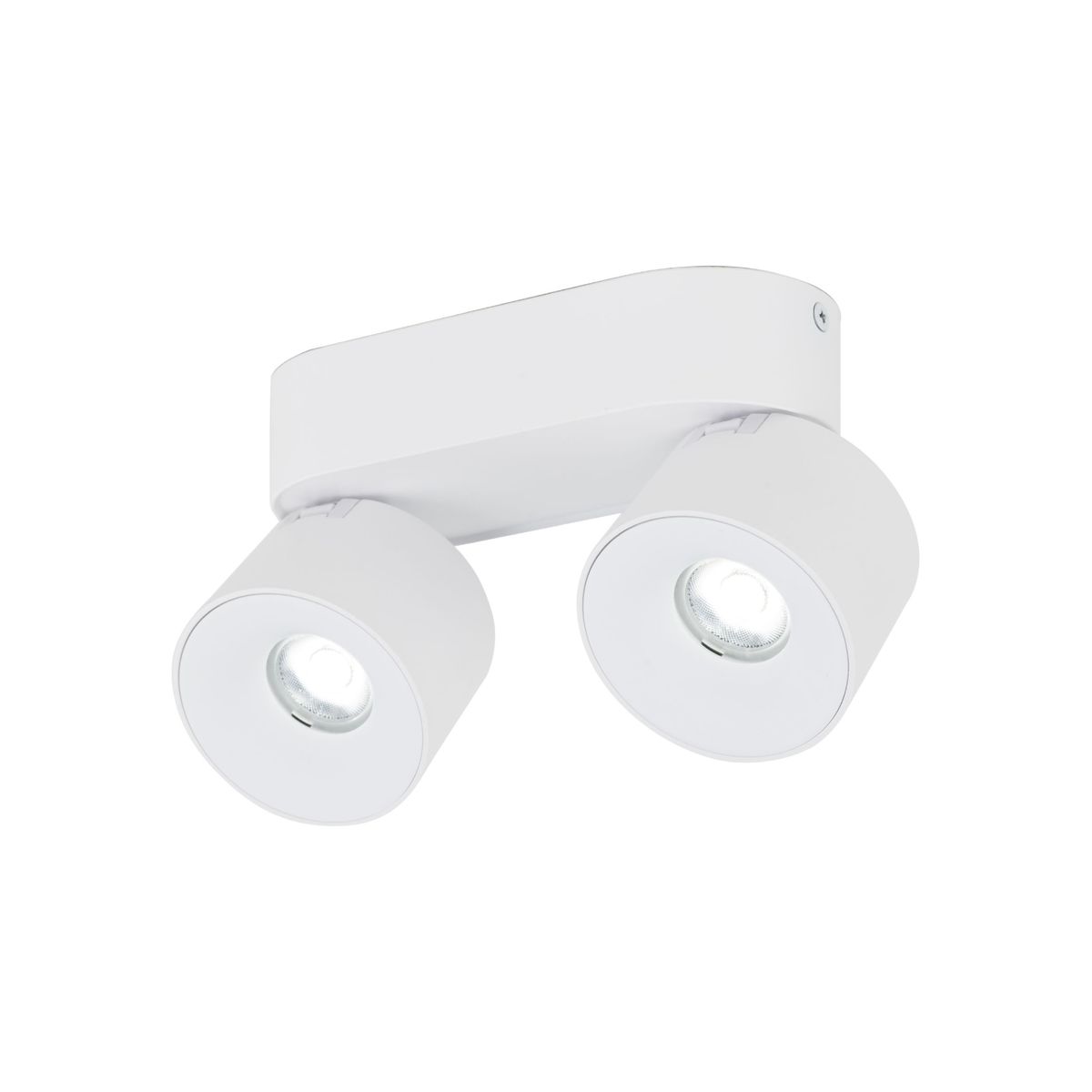 Lampa sufitowa Spark z dwoma reflektorami LED 20W CCT, w kolorze białym. Ujęcie frontalne, produkty zamontowane na prostokątnym, białym uchwycie. Reflektory okrągłe, z przezroczystym szkłem, emitujące jasne światło.