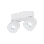 Lampa sufitowa Spark z dwoma reflektorami LED 20W CCT, w kolorze białym. Ujęcie frontalne, produkty zamontowane na prostokątnym, białym uchwycie. Reflektory okrągłe, z przezroczystym szkłem, emitujące jasne światło.