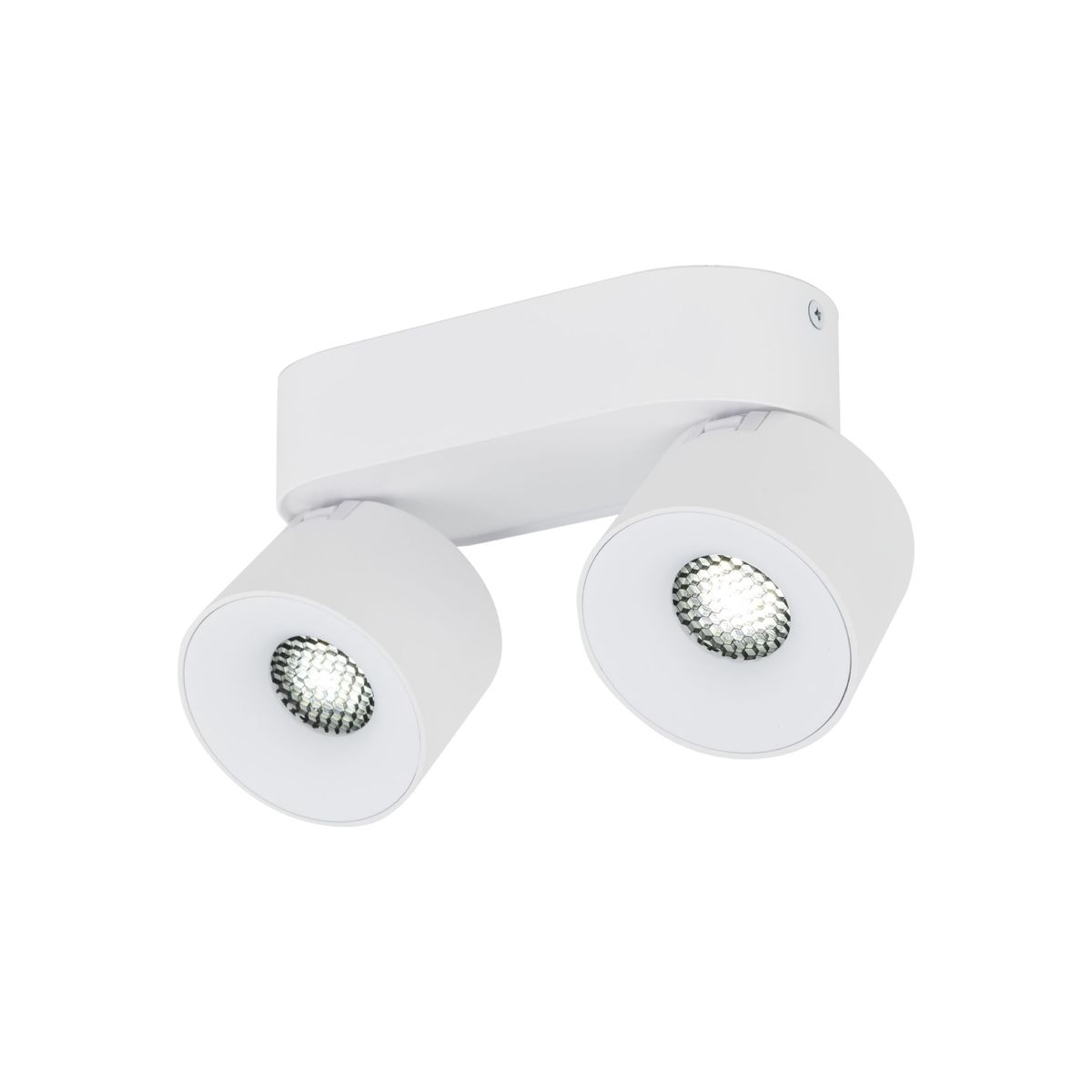 Lampa sufitowa Spark z dwoma spotami LED o mocy 20W, w kolorze białym. Kwadratowa podstawa z metalowym wykończeniem, z regulowanymi oprawami lamp. Kąt ujęcia z boku, ukazujący detale konstrukcji i kloszy.