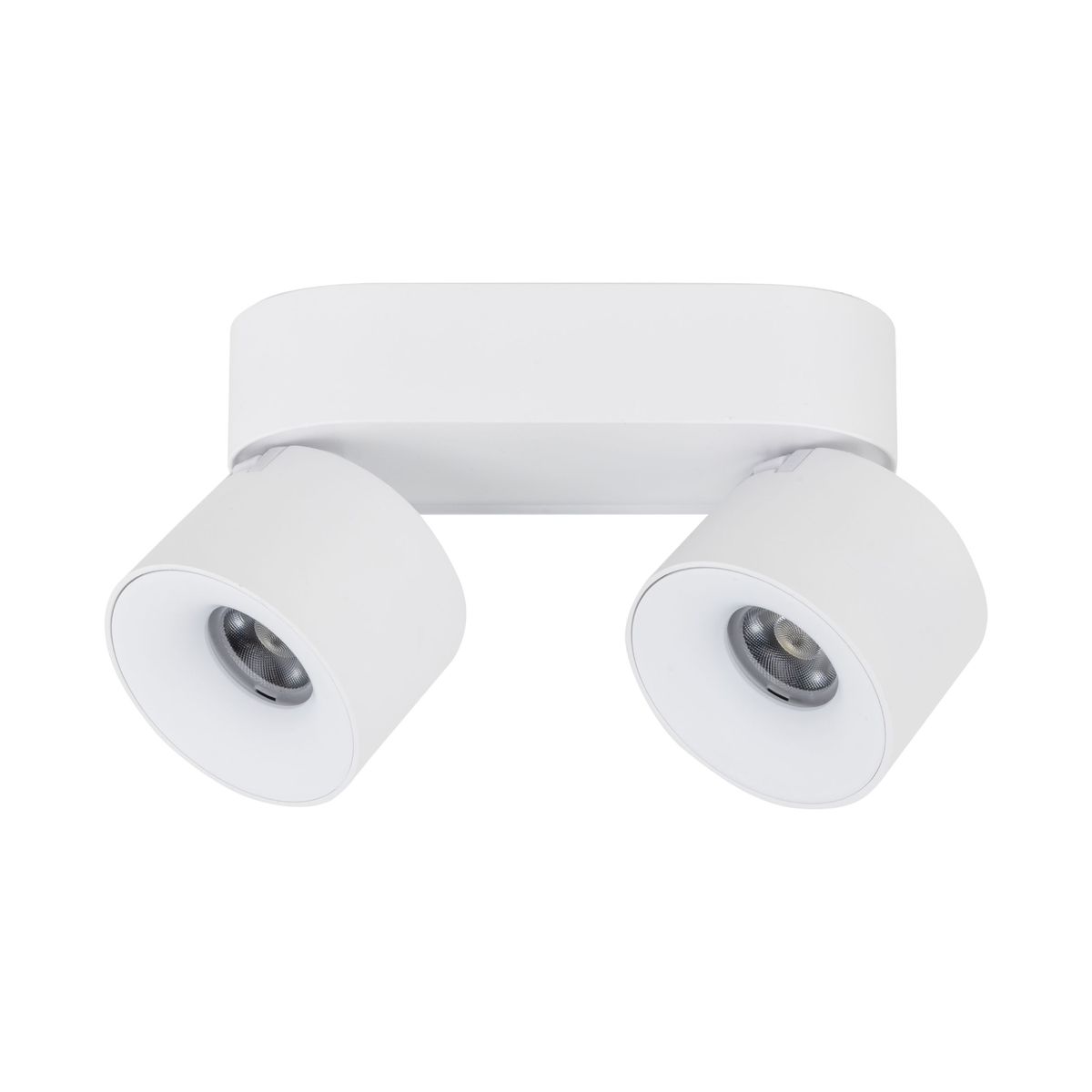 Lampa sufitowa Spark z dwiema oprawami LED 20W w kolorze białym. Okrągłe klosze zamocowane na prostokątnym uchwycie. Ujęcie frontalne, ukazujące symetryczny design lampy.