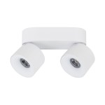Lampa sufitowa Spark z dwiema oprawami LED 20W w kolorze białym. Okrągłe klosze zamocowane na prostokątnym uchwycie. Ujęcie frontalne, ukazujące symetryczny design lampy.