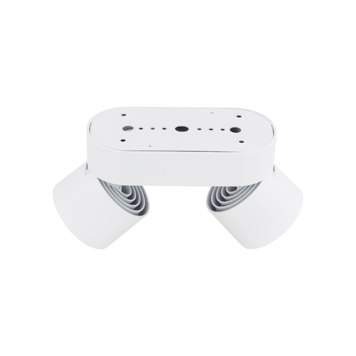 Lampa sufitowa Spark z dwoma reflektorami LED 20W w kolorze białym. Produkt ma nowoczesny, prostokątny kształt z dwoma ruchomymi kloszami. Widoczne otwory montażowe na górze, całość wykonana z metalu z matowym wykończeniem.