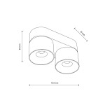 Lampa sufitowa Spark z dwoma oprawami LED 20W w kolorze czarnym. Kształt prostokątny z zaokrąglonymi końcami, wymiary: 163 mm szerokości, 84 mm wysokości, 70 mm głębokości. Ujęcie z góry, pokazujące szczegóły konstrukcji.