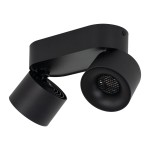 Czarna lampa sufitowa Spark z dwoma reflektorami LED 20W CCT. Ułożona w sposób wiszący, z cylindrycznymi kloszami i metalową konstrukcją. Detale w postaci siatkowych wlotów światła. Idealna do nowoczesnych wnętrz.