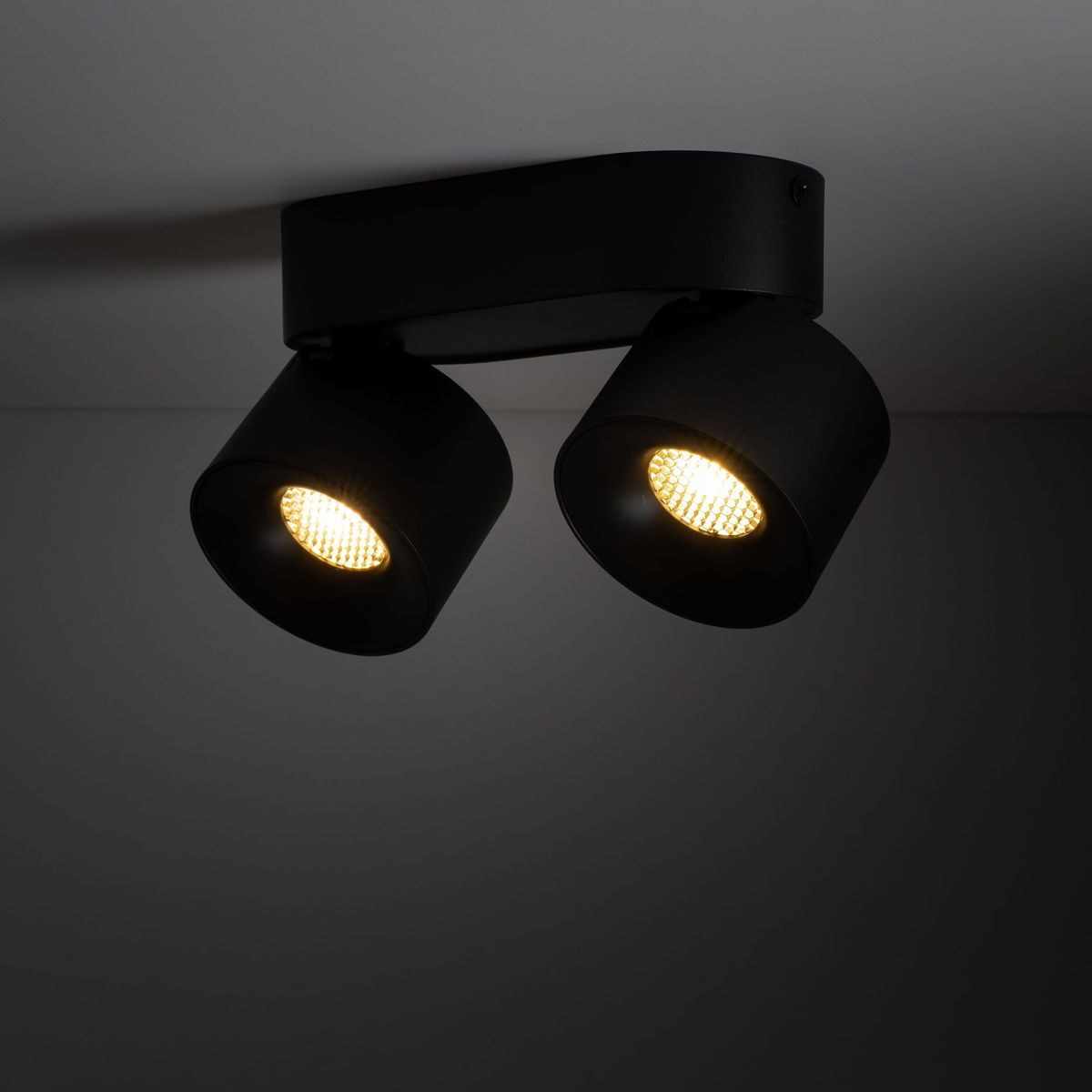 Czarna lampa sufitowa Spark z dwoma reflektorami LED 20W CCT. Ujęcie z dołu, pokazujące okrągłe klosze z widocznym wzorem na źródle światła. Lampa montowana na suficie, minimalistyczny design.