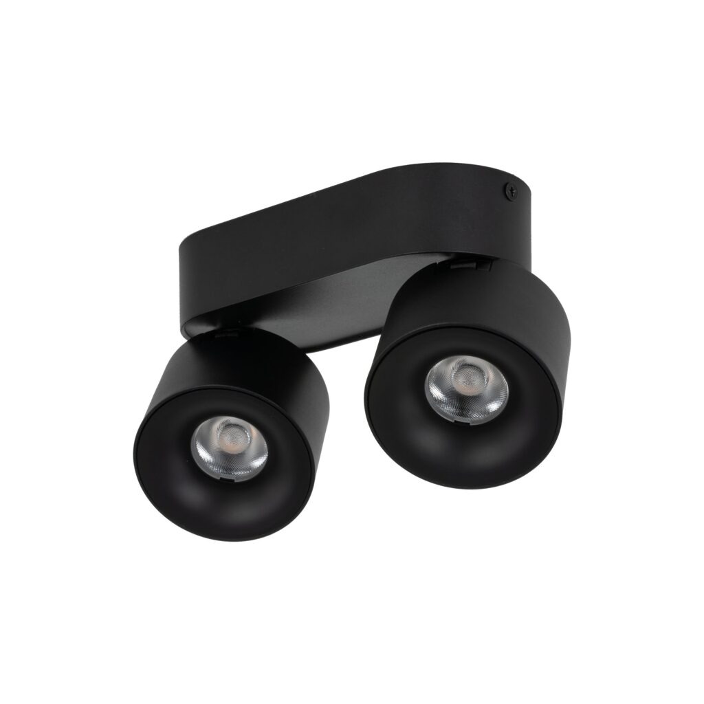 Lampa sufitowa Spark w kolorze czarnym z dwoma źródłami światła LED o mocy 20W. Ujęcie z góry, przedstawiające nowoczesny, minimalistyczny design z okrągłymi głowicami reflektorów, zamocowanymi na prostokątnej podstawie.