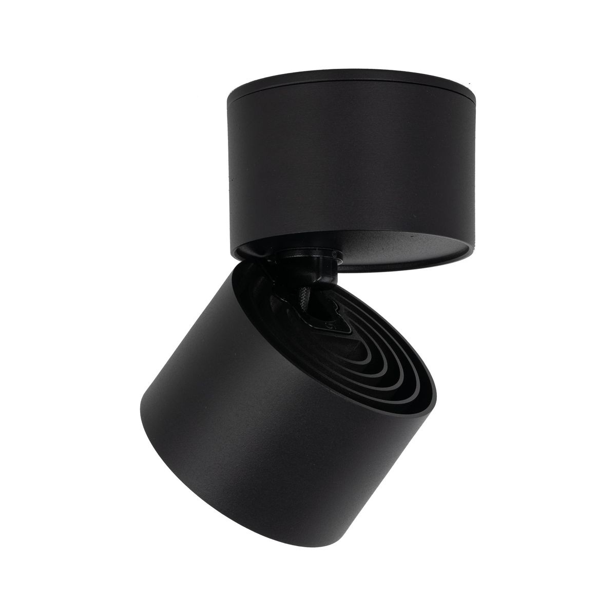 Czarna lampa sufitowa typu spot z jedną żarówką LED 10W, z regulowanym kątem ułożenia. Okrągła, matowa obudowa z metalowym wykończeniem, montowana na suficie, idealna do oświetlenia wnętrz.