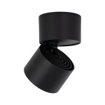Czarna lampa sufitowa typu spot z jedną żarówką LED 10W, z regulowanym kątem ułożenia. Okrągła, matowa obudowa z metalowym wykończeniem, montowana na suficie, idealna do oświetlenia wnętrz.