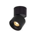 Czarna lampa sufitowa typu spot z jedną diodą LED 10W, z lekko zaokrąglonym kloszem. Ujęcie z boku, ukazujące złotą żarówkę wewnątrz. Wysoka jakość wykonania, minimalistyczny design.