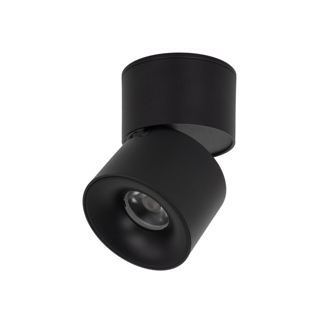 Czarna lampa sufitowa typu spot z jedną żarówką LED 10W, z regulowanym kątem świecenia. Okrągła, matowa obudowa z tworzywa, montowana na suficie, idealna do oświetlenia wnętrz.