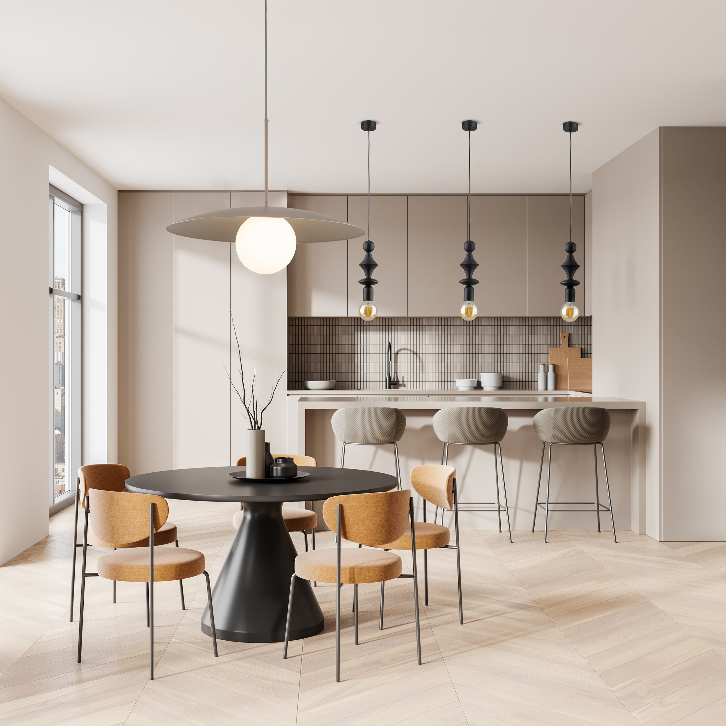 Lampa wisząca Slate w kolorze beżowym z jedną oprawą E27, zawieszona nad okrągłym czarnym stołem w jadalni. W tle widoczne inne lampy oraz nowoczesna kuchnia z jasnymi szafkami i barowymi krzesłami.