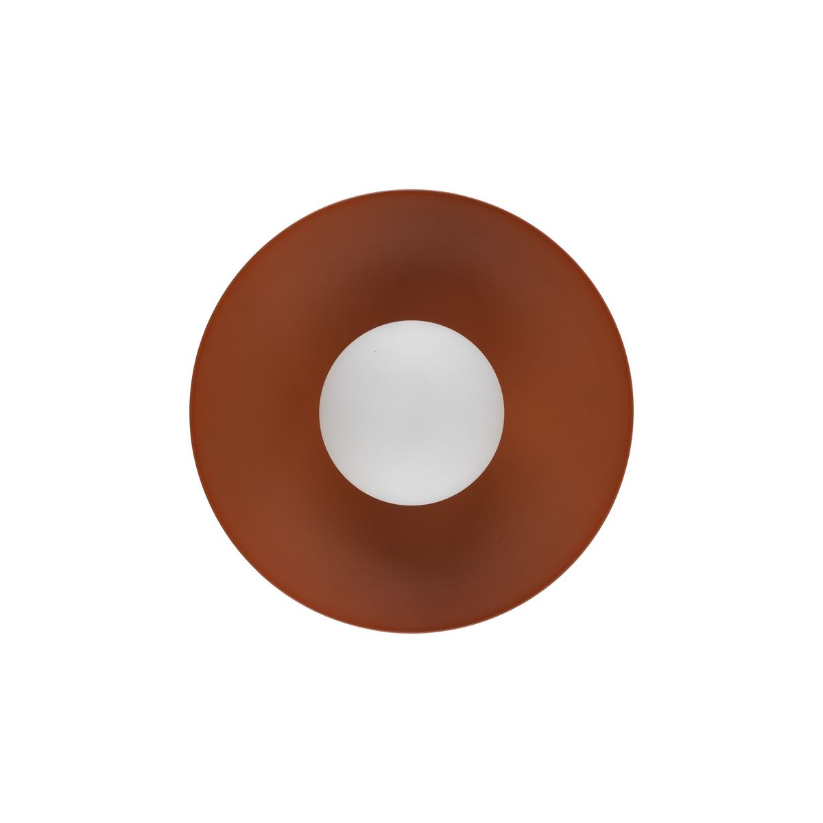 Kinkiet Slate 1xG9 w ceglastym kolorze, okrągły, z matowym wykończeniem. Posiada centralny, jasny element w formie białego koła, umieszczony na ciemniejszym tle. Ujęcie z góry, pokazujące kształt i kolor lampy.