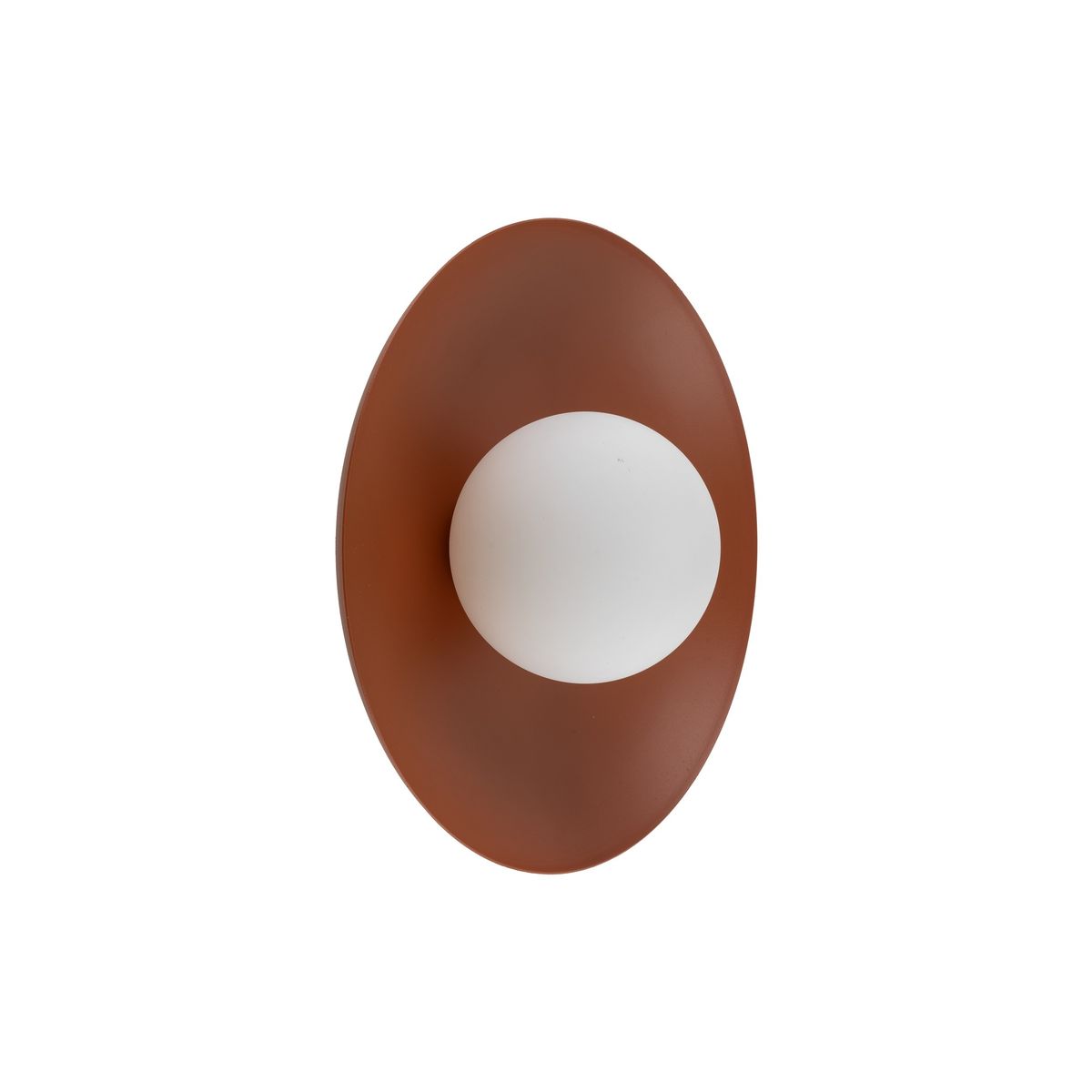 Kinkiet Slate 1xG9 w ceglastym kolorze, o owalnym kształcie. Posiada matową, brązową obudowę i białą, okrągłą klosz, montowany na ścianie. Idealny do nowoczesnych wnętrz.