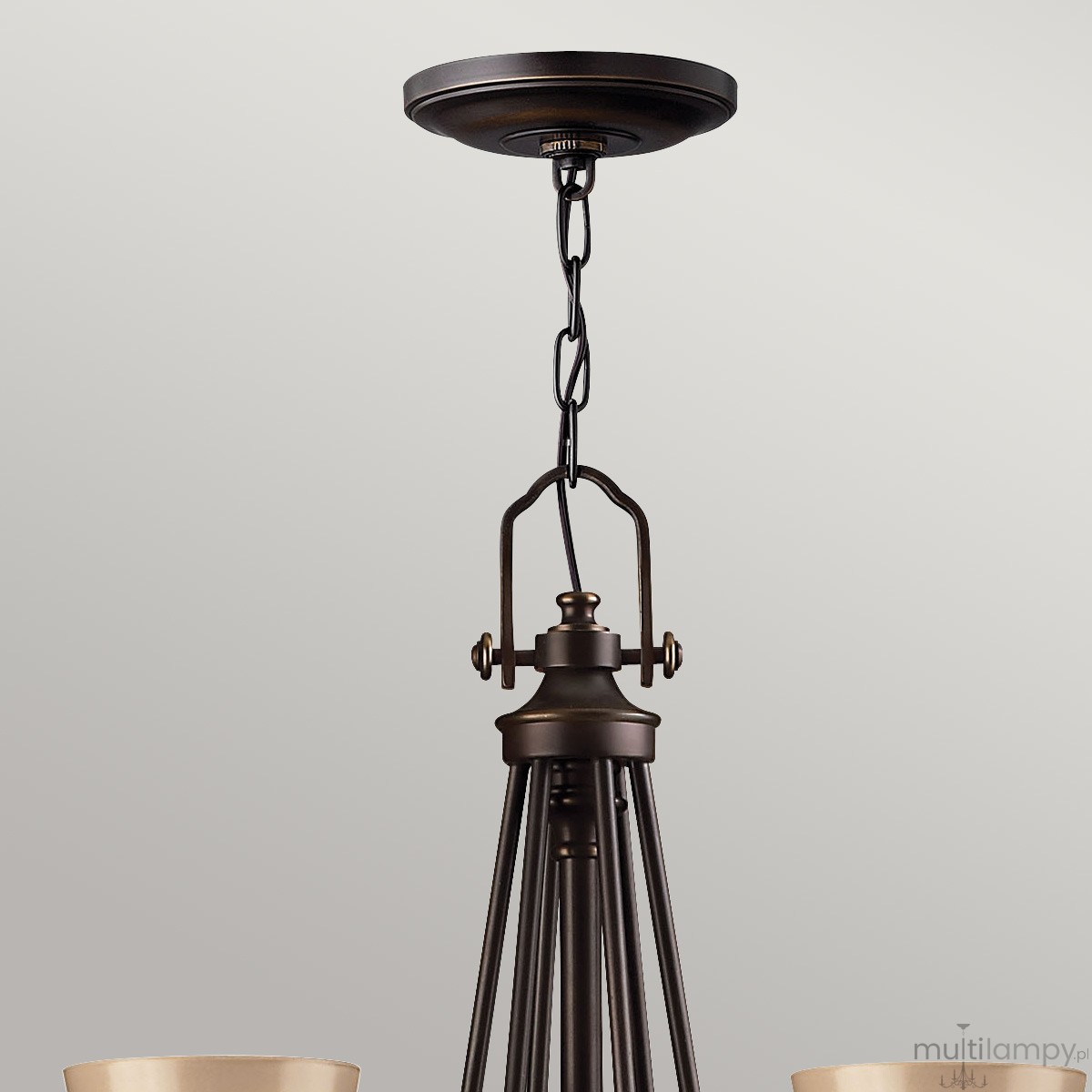 Lampa wisząca Mayflower w postarzanym brązie, z dziewięcioma miejscami na żarówki E27. Ujęcie z góry, ukazuje metalowy uchwyt i łańcuch. Tło jasne, jednolite, podkreślające detale konstrukcji.