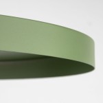 Lampa wisząca Sila D40 w kolorze zielonym z oprawą w kształcie cienkiego pierścienia. Materiał matowy z delikatną teksturą. Widoczny krawędź lampy, montaż na jedną żarówkę E27. Tło jasne, co podkreśla kolor lampy.