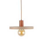 Lampa wisząca Sila D30 w kolorze beżowym z ceglanym mocowaniem, z pojedynczym gniazdem E27. Posiada okrągły, płaski klosz oraz widoczną żarówkę w szklanej obudowie. Zawieszona na cienkim przewodzie.