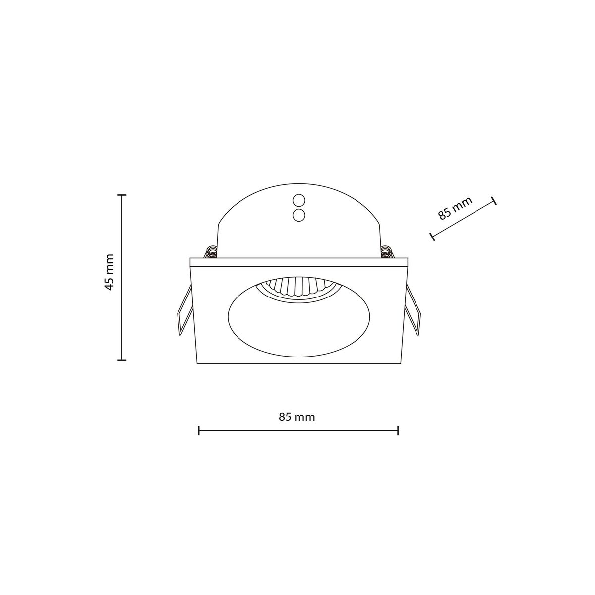 Oprawa sufitowa Prisma 1xGU10 IP64 w kolorze białym, o wymiarach 85 mm x 45 mm. Produkt ma prostokątny kształt z okrągłym otworem na żarówkę, umieszczona w zabudowie. Widoczny jest mechanizm mocujący po bokach.