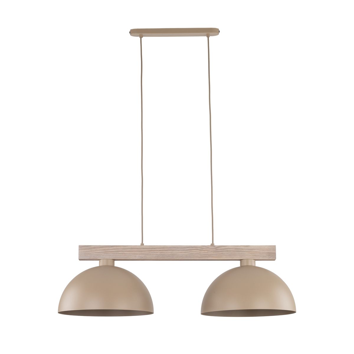 Lampa wisząca Oslo z dwoma kloszami w kolorze beżowym na drewnianym stelażu. Klosze mają półkolisty kształt, a lampa zawieszona jest na długich linkach. Idealna do nowoczesnych wnętrz.