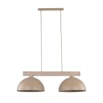 Lampa wisząca Oslo z dwoma kloszami w kolorze beżowym na drewnianym stelażu. Klosze mają półkolisty kształt, a lampa zawieszona jest na długich linkach. Idealna do nowoczesnych wnętrz.