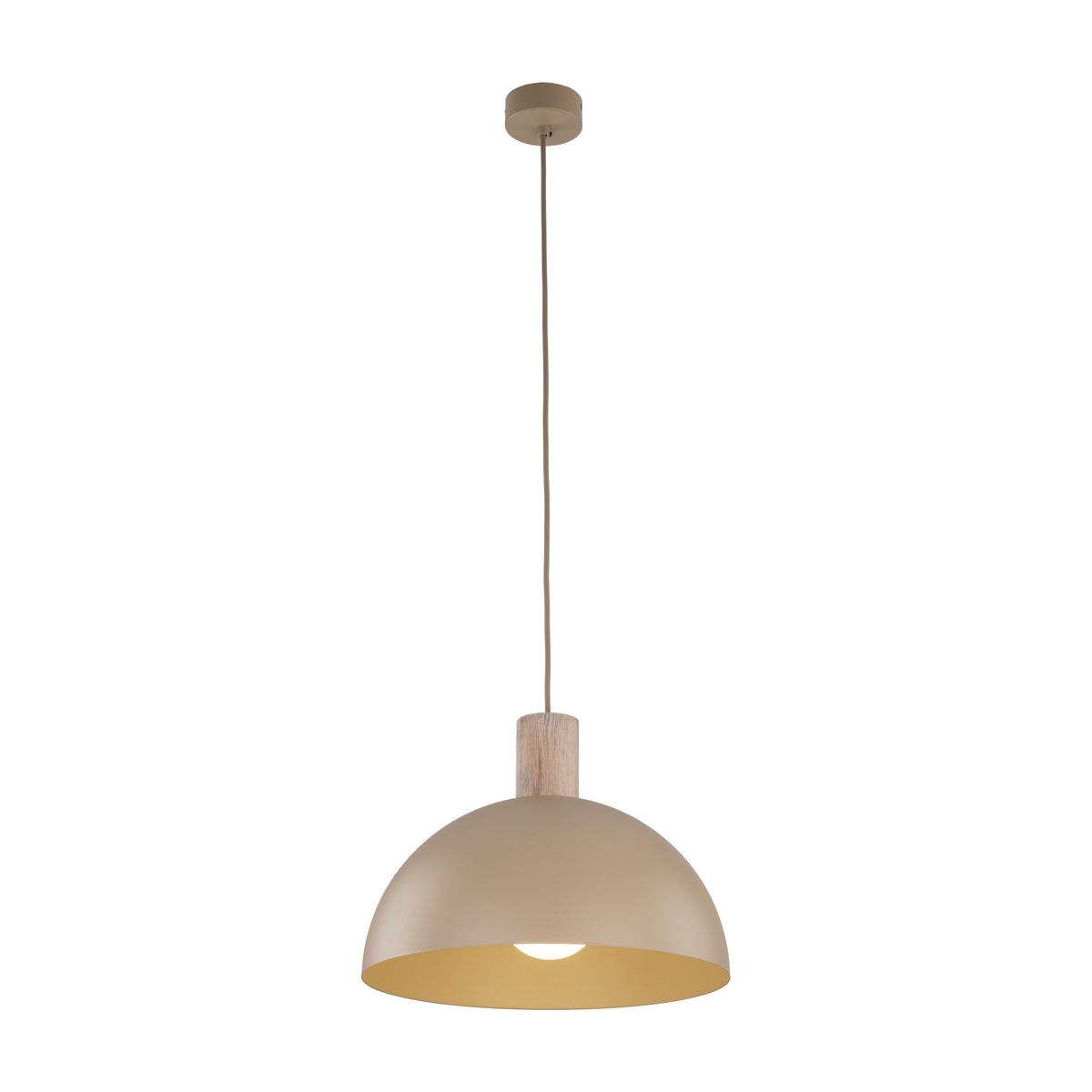 Lampa wisząca Oslo z kloszem w kolorze beżowym i elementem z jasnego drewna. Zawieszona na długim przewodzie, z otwartą dolną częścią, umożliwiającą emisję światła. Prosta forma, idealna do nowoczesnych wnętrz.